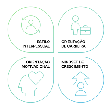 Infográfico com 4 pilares: Estilo Interpessoal, Orientação de Carreira, Motivacional e Mindset de Crescimento.