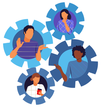 Ilustração de quatro pessoas dentro de engrenagens, representando colaboração e trabalho em equipe. Ilustração de quatro pessoas dentro de engrenagens, representando colaboração e trabalho em equipe.