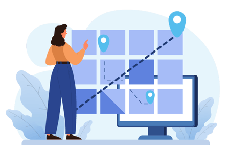 Ilustração de uma mulher interagindo com uma interface digital composta por quadrados dispostos em uma grade, com marcadores de localização conectados por linhas pontilhadas, representando trajetos. No plano de fundo, elementos decorativos como folhas estilizadas complementam a cena. Ilustração de uma mulher interagindo com uma interface digital composta por quadrados dispostos em uma grade, com marcadores de localização conectados por linhas pontilhadas, representando trajetos. No plano de fundo, elementos decorativos como folhas estilizadas complementam a cena.