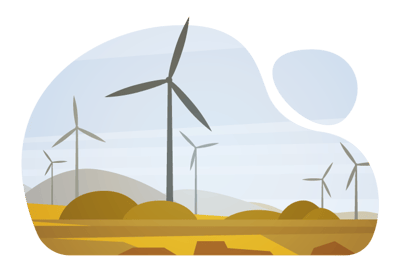 A imagem ilustra uma paisagem de colinas com turbinas eólicas, ou moinhos de vento, instaladas sobre elas. A cena é apresentada dentro de uma forma orgânica e abstrata, com a parte inferior exibindo um terreno marrom e a superior, um céu em tons cinzentos. Há um contraste sutil entre as cores quentes do solo e as frias do céu. A imagem representa o conceito de energia eólica e sustentabilidade