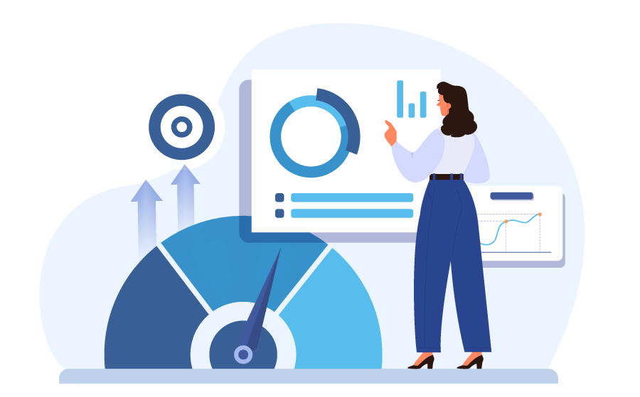 Ilustração de painel de indicadores com gráficos, metas e medidor de desempenho para acompanhamento de resultados. Ilustração de painel de indicadores com gráficos, metas e medidor de desempenho para acompanhamento de resultados.