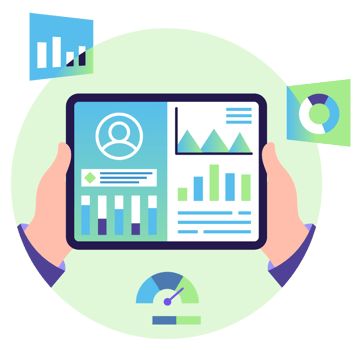 Ilustração de mãos segurando um tablet com painel de dados, gráficos, indicadores de desempenho e informações de perfil.