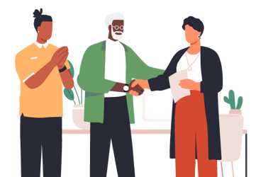 Três pessoas em ambiente profissional, duas delas apertando as mãos enquanto a terceira aplaude. Três pessoas em ambiente profissional, duas delas apertando as mãos enquanto a terceira aplaude.