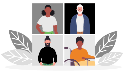 Quatro retratos de pessoas diversas em um fundo laranja, cercados por folhas estilizadas em tons terrosos. As imagens mostram indivíduos de diferentes idades e características, incluindo uma pessoa em cadeira de rodas, sugerindo inclusão e diversidade.
