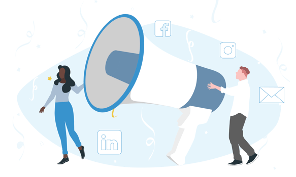  Um homem e uma mulher, ambos com roupas casuais, estão segurando um grande megafone. Ícones das redes sociais, como Facebook, Instagram e LinkedIn, flutuam ao redor. O cenário de fundo é azul claro, com confetes e estrelas, sugerindo uma festa ou um evento promocional.