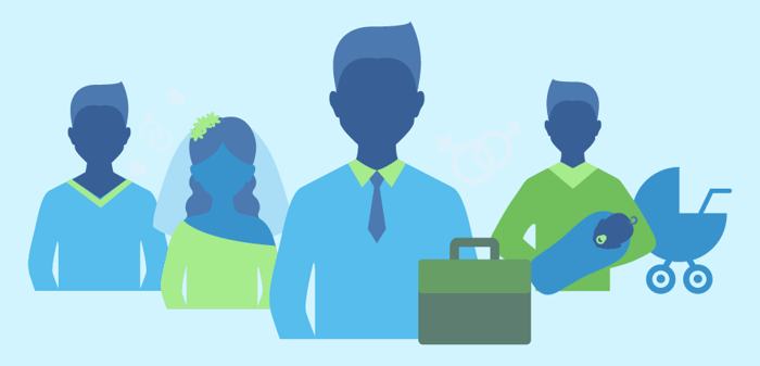 Ilustração com quatro figuras em tons de azul e verde, representando diferentes fases da vida adulta. À esquerda, um casal; ao centro, um homem com uma pasta; à direita, um homem com um bebê e um carrinho. Fundo azul claro.