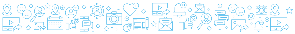 Um padrão contínuo azul claro com vários ícones de mídia social, como pinos de localização, lupas, câmeras, corações, mensagens, calendários, polegares para cima e reprodutores de vídeo.