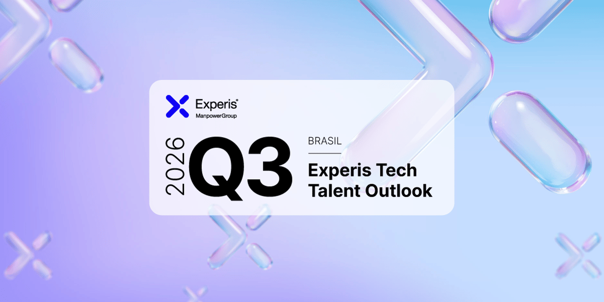 Banner institucional da Experis ManpowerGroup com o título ‘2026 Q2 – Experis Tech Talent Outlook’, em fundo escuro com formas geométricas e setas abstratas em tons de lilás e azul. Banner institucional da Experis ManpowerGroup com o título ‘2026 Q2 – Experis Tech Talent Outlook’, em fundo escuro com formas geométricas e setas abstratas em tons de lilás e azul.