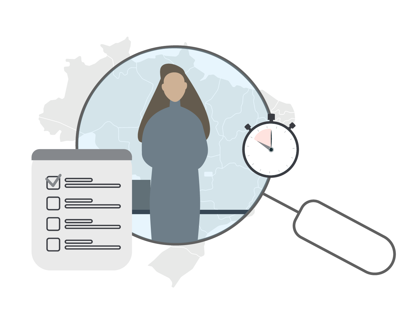 Lupa sobre pessoa com mapa e checklist, representando busca e avaliação de talentos. Lupa sobre pessoa com mapa e checklist, representando busca e avaliação de talentos.