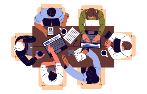 Uma reunião de negócios com seis pessoas ao redor de uma mesa, com notebooks e anotações. Uma reunião de negócios com seis pessoas ao redor de uma mesa, com notebooks e anotações.