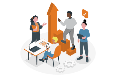 Grupo de quatro pessoas em torno de um gráfico de seta ascendente, simbolizando crescimento e sucesso.  Grupo de quatro pessoas em torno de um gráfico de seta ascendente, simbolizando crescimento e sucesso.