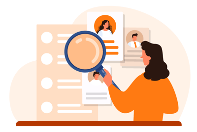 Ilustração de recrutamento com lupa analisando perfis de candidatos