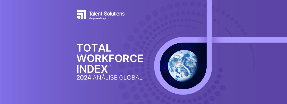 Fotografia da terra recortada em círculo sobre fundo lilás, com o título "Total Workforce Index 2024 - Análise Global"