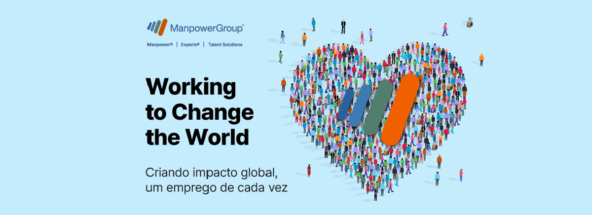 Grupo de pessoas formando um coração. Acima, o símbolo do ManpowerGroup