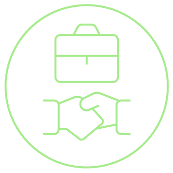 Ícone verde de aperto de mãos com pasta, simbolizando parceria, acordo ou colaboração.