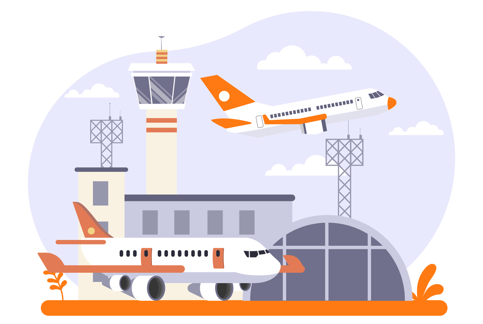 Um avião decola da pista, enquanto outro espera na frente de um terminal e um hangar. Uma torre de controle está à esquerda, com uma série de antenas de comunicação. O céu roxo pálido e o estilo ilustrativo dão uma sensação calma e plana à imagem. Um avião decola da pista, enquanto outro espera na frente de um terminal e um hangar. Uma torre de controle está à esquerda, com uma série de antenas de comunicação. O céu roxo pálido e o estilo ilustrativo dão uma sensação calma e plana à imagem.