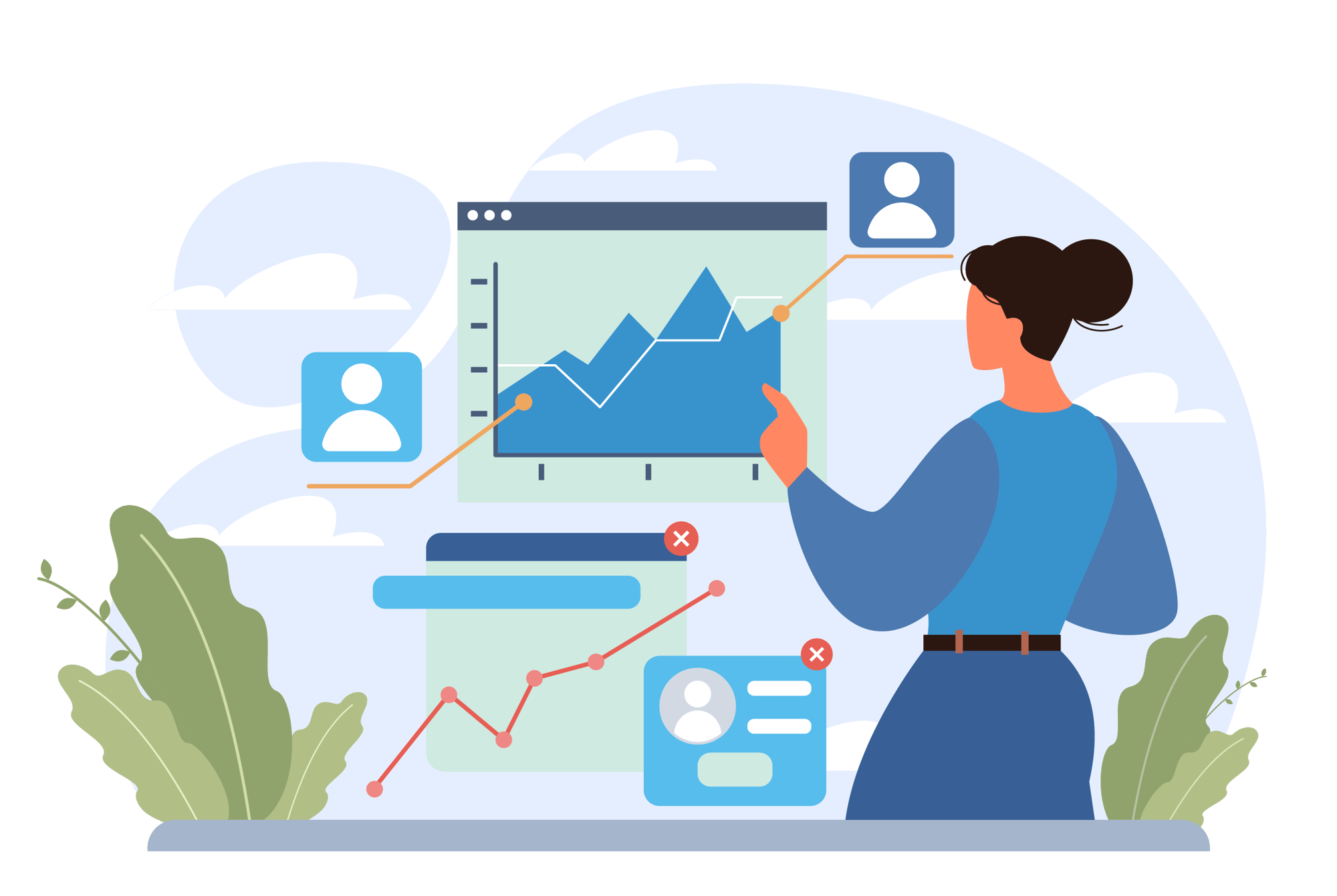 Ilustração de uma profissional analisando dados em um dashboard Ilustração de uma profissional analisando dados em um dashboard