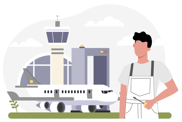 Um mecânico de aeronaves com uma chave de fenda, em frente a um avião e a torre de controle de um aeroporto, pronto para o trabalho. Um mecânico de aeronaves com uma chave de fenda, em frente a um avião e a torre de controle de um aeroporto, pronto para o trabalho.