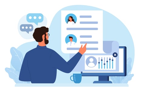 Ilustração de homem analisando currículos em tela de computador. Ilustração de homem analisando currículos em tela de computador.
