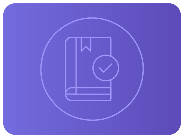 Ícone de livro com marcador e símbolo de check dentro de um círculo.