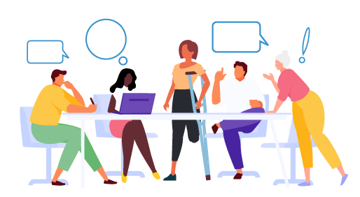 Grupo diverso discutindo ideias em volta de uma mesa de trabalho Grupo diverso discutindo ideias em volta de uma mesa de trabalho