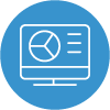 Ícone azul com monitor mostrando gráfico circular e linhas, indicando análise de dados. Ícone azul com monitor mostrando gráfico circular e linhas, indicando análise de dados.