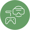 Ícone azul com controle e óculos de realidade virtual. Ícone azul com controle e óculos de realidade virtual.