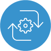 Ícone azul com engrenagem e setas, indicando processos, automação ou integração. Ícone azul com engrenagem e setas, indicando processos, automação ou integração.