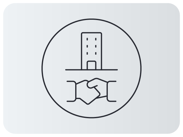 Ícone de aperto de mãos diante de um prédio em estilo minimalista.