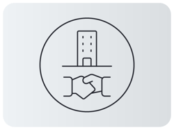 Ícone de aperto de mãos diante de um prédio em estilo minimalista. Ícone de aperto de mãos diante de um prédio em estilo minimalista.