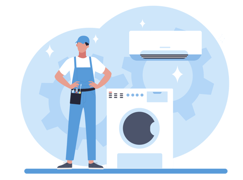 Ilustração Técnico com uniforme azul ao lado de máquina de lavar e ar-condicionado. Ilustração Técnico com uniforme azul ao lado de máquina de lavar e ar-condicionado.
