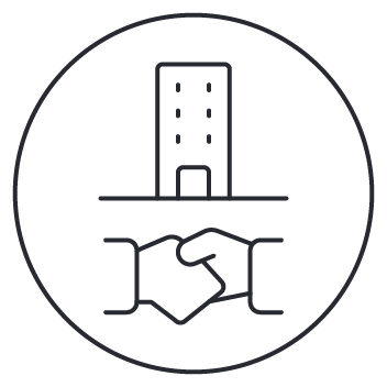 Ícone de aperto de mãos diante de um prédio em estilo minimalista.