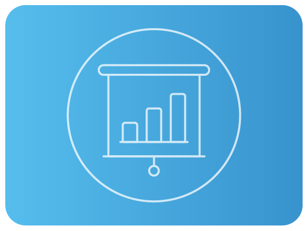 Ícone de apresentação com gráfico de barras em fundo azul.