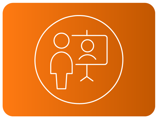 Ícone de apresentação com pessoa e quadro ilustrado dentro de um círculo.