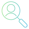 Ícone linear de uma lupa sobre o busto de uma pessoa, simbolizando busca ou recrutamento de talentos.