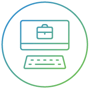 Ícone circular gradiente azul e verde de um computador com uma pasta de trabalho na tela e um teclado abaixo.