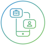 Ícone circular gradiente azul e verde de um smartphone conectado a um ícone de pasta e um ícone de pessoa.