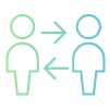 Ícone de duas pessoas com setas opostas entre elas, representando troca de informações ou feedback.