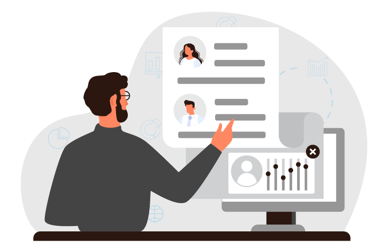 Homem analisando currículos e dados em um computador. Homem analisando currículos e dados em um computador.