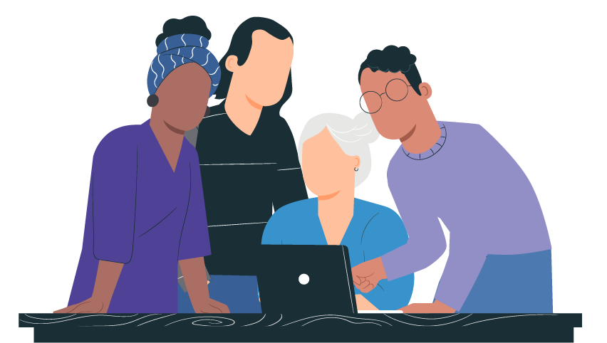 Ilustração de equipe diversa colaborando ao redor de laptop em ambiente de trabalho.