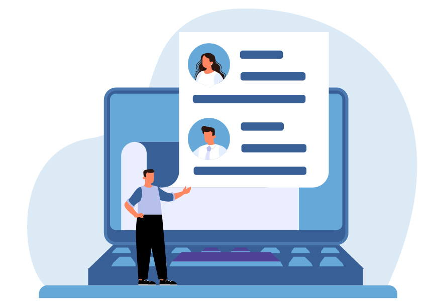 Ilustração de recrutamento com perfis de candidatos exibidos em tela de laptop. 
