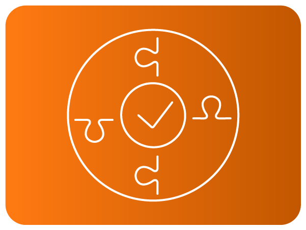 Ícone circular com quatro peças de quebra‑cabeça e marca de verificação ao centro.