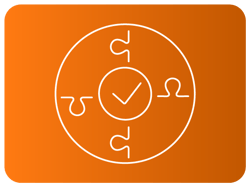 Ícone circular com quatro peças de quebra‑cabeça e marca de verificação ao centro. Ícone circular com quatro peças de quebra‑cabeça e marca de verificação ao centro.