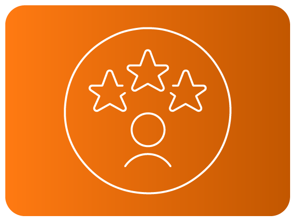 Ícone circular com três estrelas acima de uma figura estilizada.