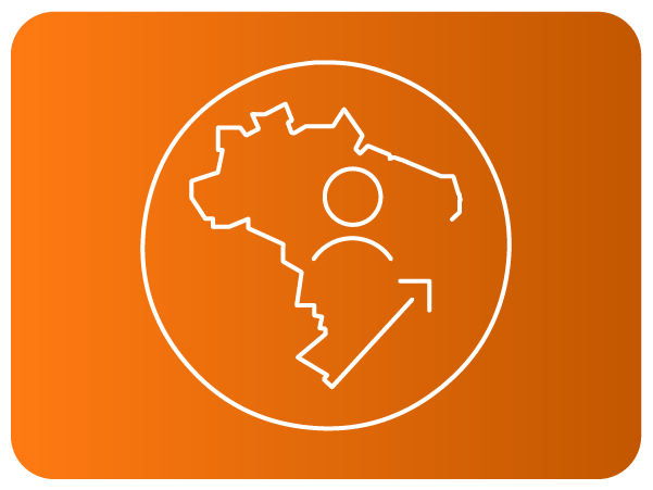 Ícone com mapa do Brasil e figura de pessoa, representando recrutamento ou talentos em âmbito nacional.