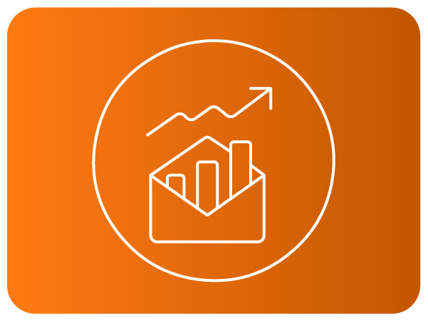Ícone laranja com gráfico em crescimento, representando desempenho, métricas e evolução de resultados.