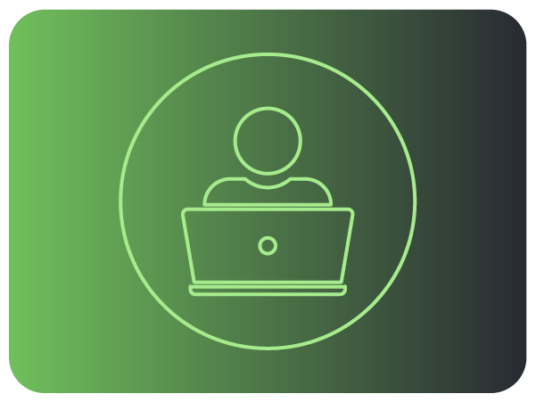 Ícone minimalista de pessoa usando notebook em linha verde.