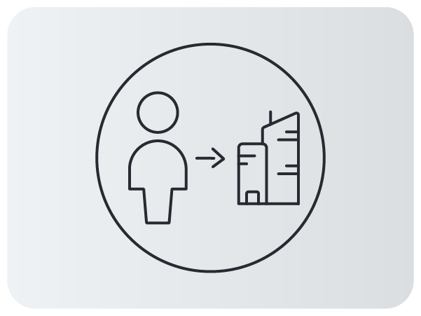 Ícone de pessoa com seta apontando para prédio em estilo minimalista.