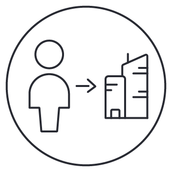 Ícone de pessoa com seta apontando para prédio em estilo minimalista.