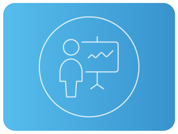 Ícone de pessoa ao lado de tela com gráfico em linha, em estilo minimalista.